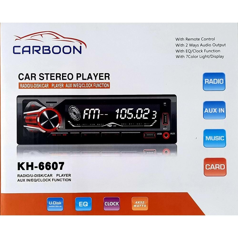 Carboon KH-6607 Geniş Ekranlı 7 Renkli Çift Usbli 4×52W Oto Teyp