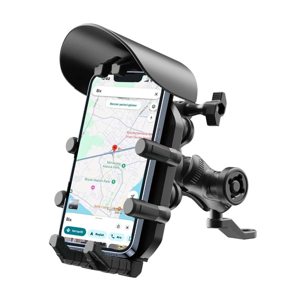 BİX BMPH05 Güneş ve Yağmur Korumalı Ayna Bağlantılı 360° Derece Motosiklet Bisiklet Telefon Tutucu