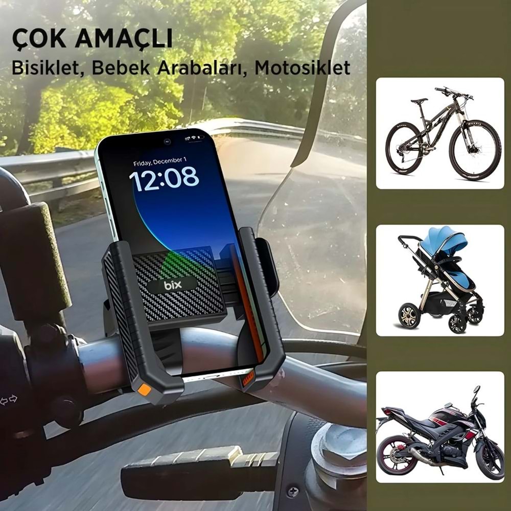 BİX BPH01 Gidon Bağlantılı Bisiklet Motosiklet için Esnek ABS Telefon Tutucu 360° Dönebilen Tasarım