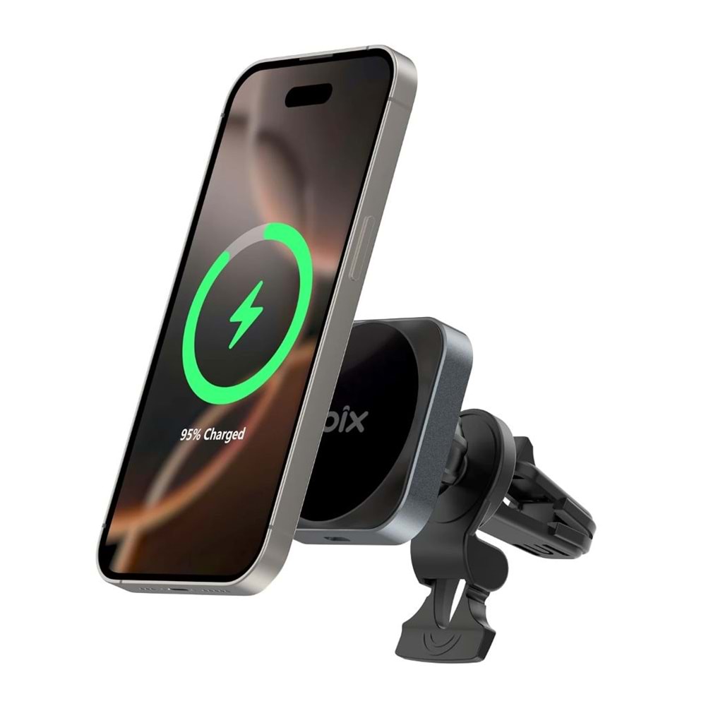 BİX BXCH10 15W Kablosuz Şarj Destekli 180° Ayarlanabilir, Çok Açılı Manyetik Araç İçi Telefon Tutucu Gri
