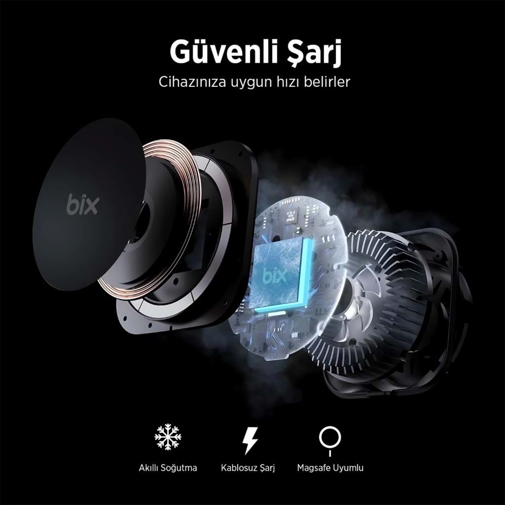 BİX BXCH10 15W Kablosuz Şarj Destekli 180° Ayarlanabilir, Çok Açılı Manyetik Araç İçi Telefon Tutucu Gri