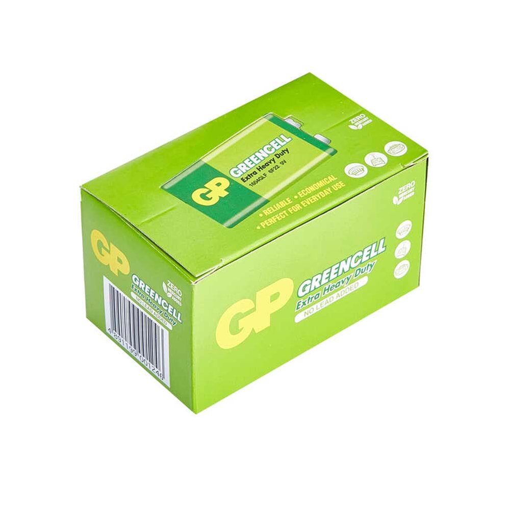 GP 9V PİL GP1604G Greencell 6F22/1222/9V Pil, 9 Volt, 10'lu Kutu