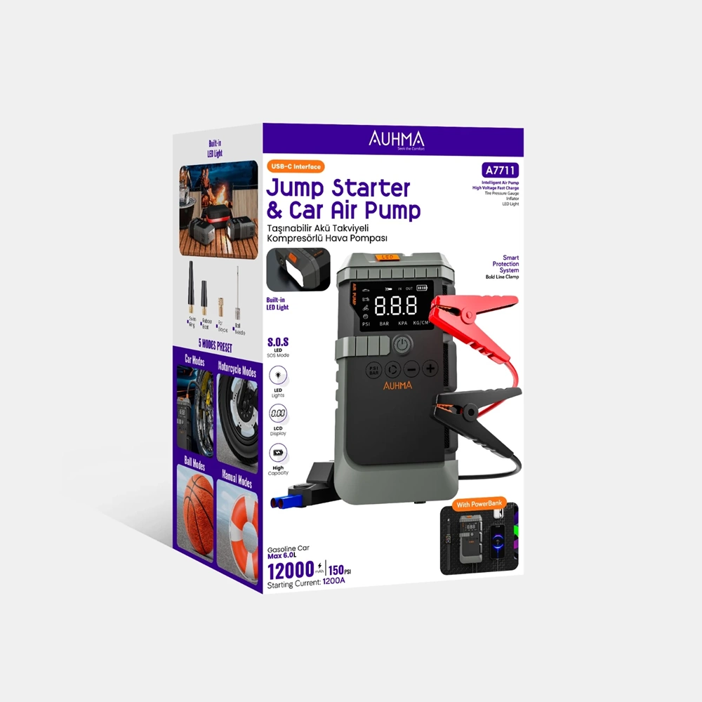 AUHMA A7711 Taşınabilir Akü Takviyeli Kompresörlü Hava Pompası