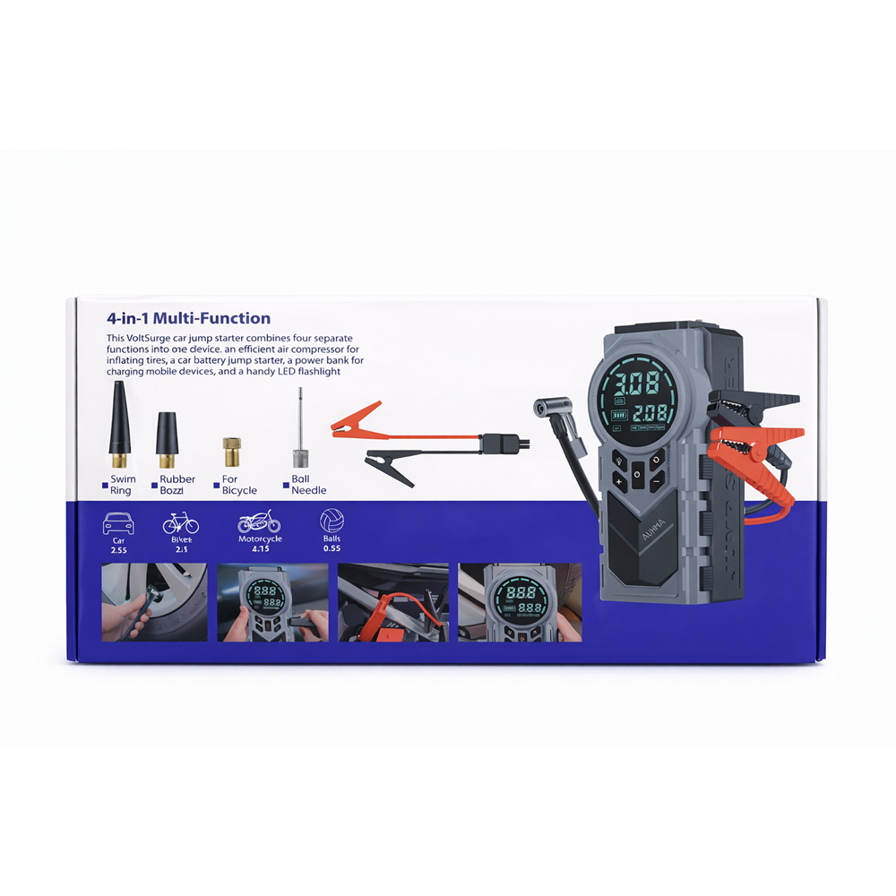 AUHMA A7722 Jump Starter & Air PumpAlt başlık:Taşınabilir Akü Takviyeli Kompresörlü Hava PompasıÖne çıkan özellikler:12000 mAh güçlü batarya1200A Jump Starter150 PSI hava kompresörüLED acil durum ışığıUSB-C hızlı şarj (45W)Powerbank özelliği