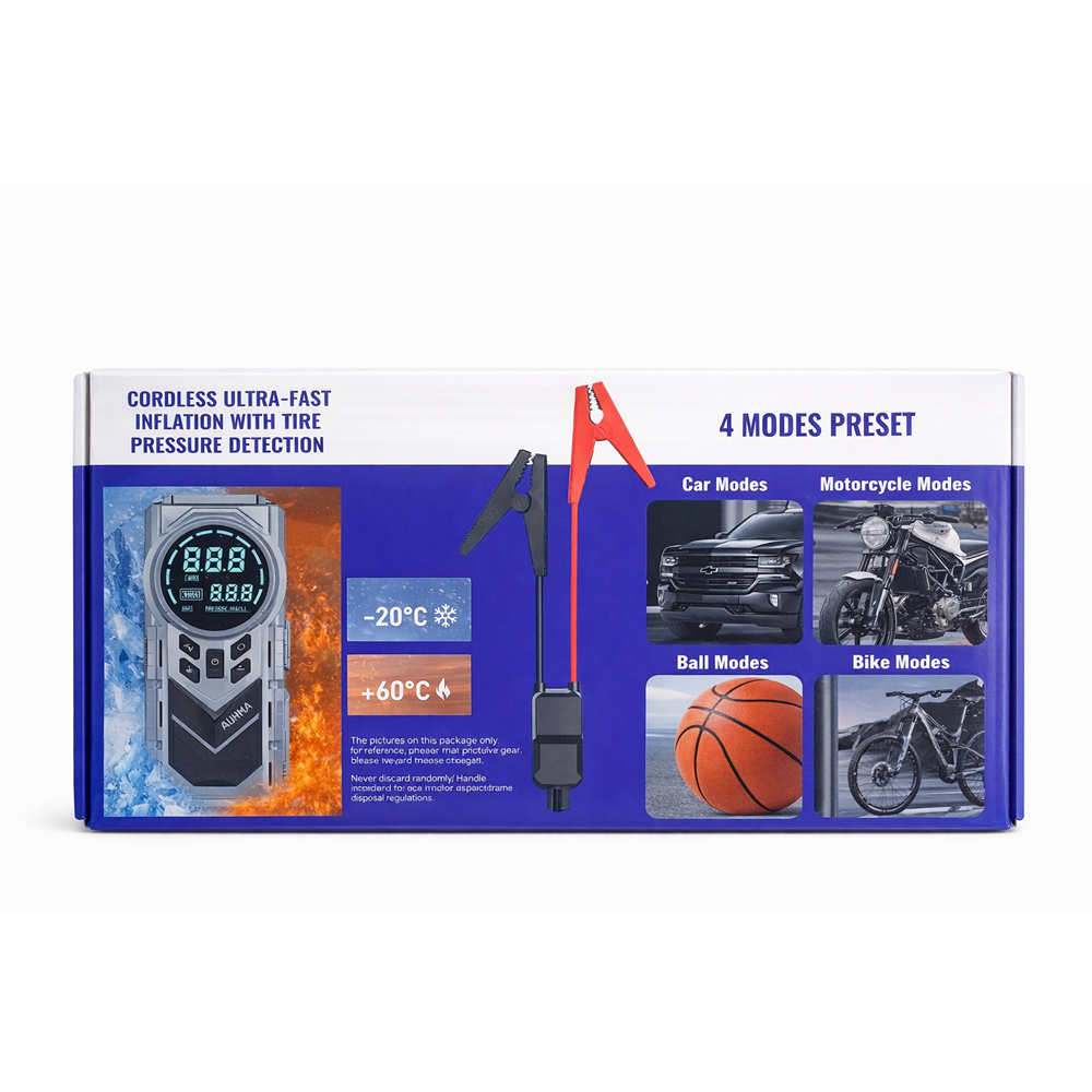AUHMA A7722 Jump Starter & Air PumpAlt başlık:Taşınabilir Akü Takviyeli Kompresörlü Hava PompasıÖne çıkan özellikler:12000 mAh güçlü batarya1200A Jump Starter150 PSI hava kompresörüLED acil durum ışığıUSB-C hızlı şarj (45W)Powerbank özelliği