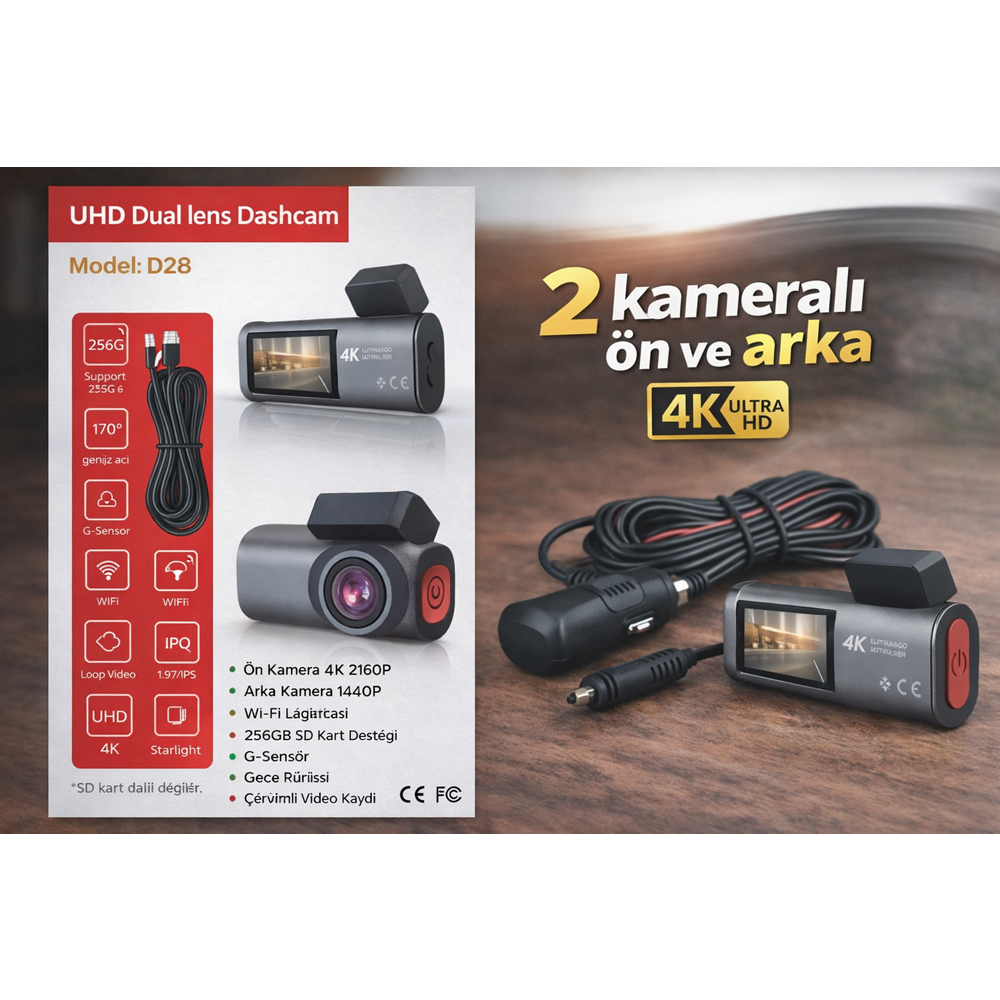 CARBOON D28 4K 2 KAMERALI ARAÇ KAYIT KAMERASI