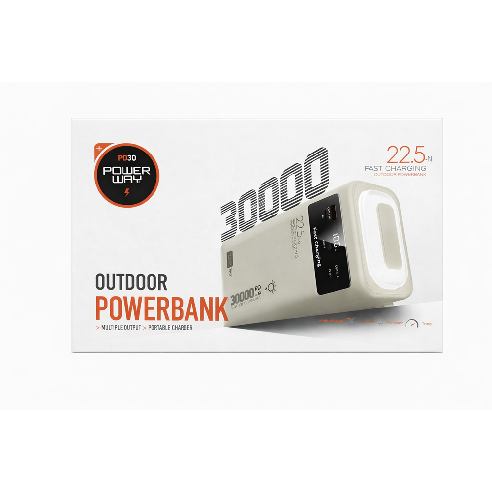 Powerway PD30 (COLOR: KREM) 30000 mAh Outdoor Powerbank – 22.5W Hızlı Şarj, Power Lamp, Çoklu Çıkışlı Taşınabilir Şarj Cihazı