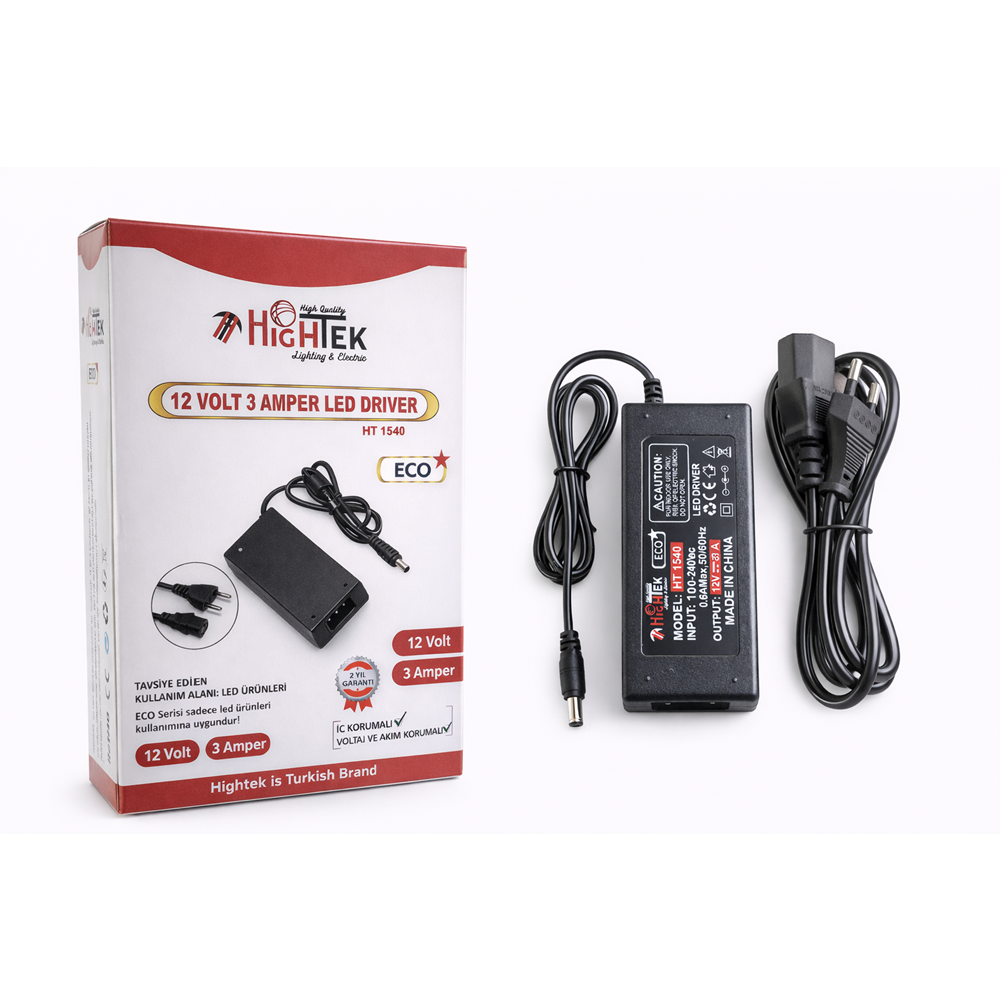 HİGHTEK HT-1540 12V 3A LAPTOP TİPİ ECO PLASTİK KASA ADAPTÖR