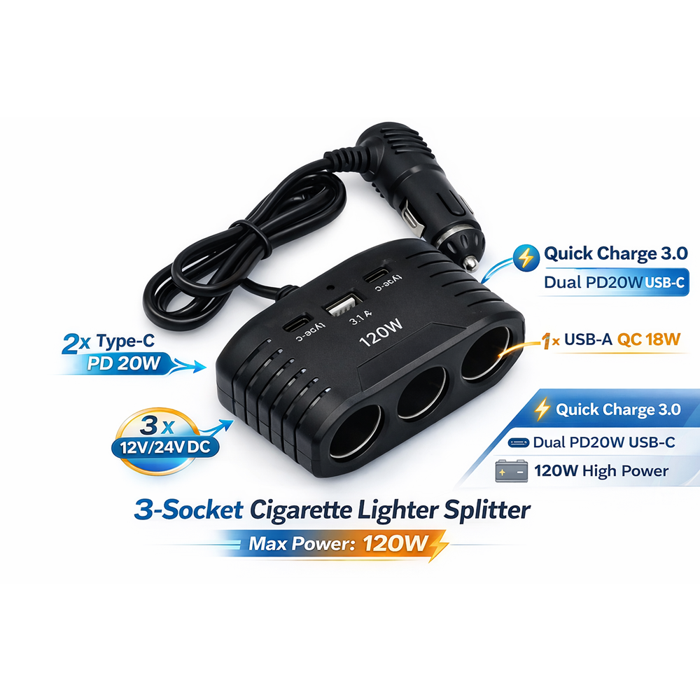 In-car 12V 3'lü+USB Çakmaklık Çoğaltıcı 120W