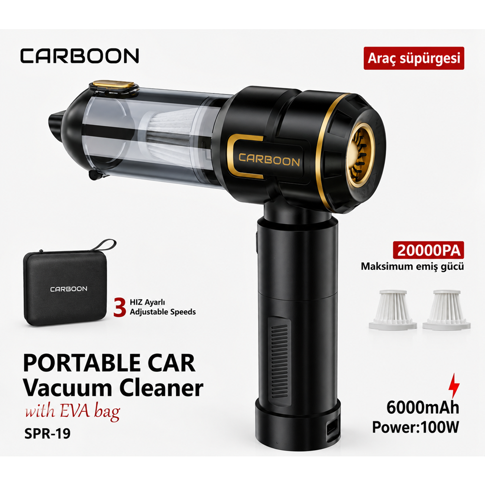CARBOON SPR-19 100W 20000Pa Kablosuz Şarjlı Araç Süpürgesi ve Hava Üfleme