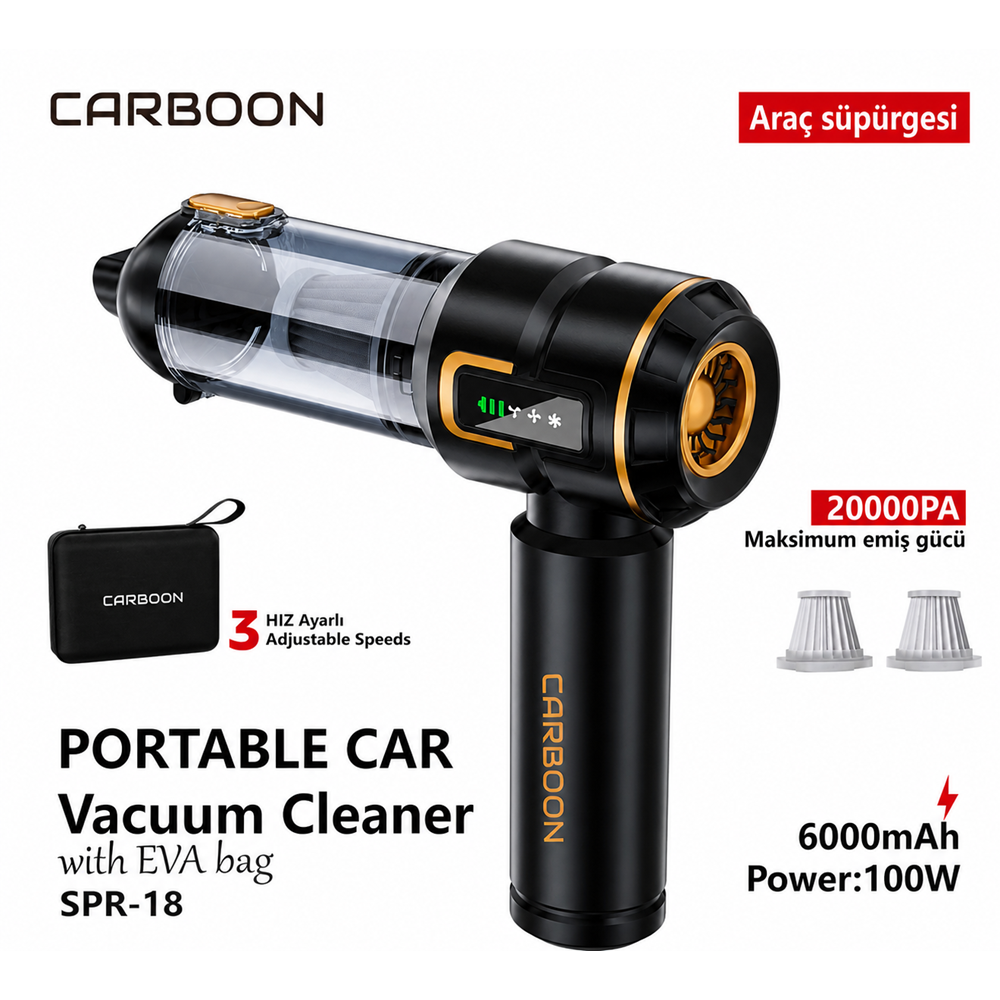 CARBOON SPR-18 100W 20000Pa Kablosuz Şarjlı Araç Süpürgesi ve Hava Üfleme