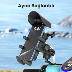 BİX BMPH05 Güneş ve Yağmur Korumalı Ayna Bağlantılı 360° Derece Motosiklet Bisiklet Telefon Tutucu