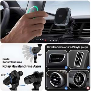 BİX BXCH10 15W Kablosuz Şarj Destekli 180° Ayarlanabilir, Çok Açılı Manyetik Araç İçi Telefon Tutucu Gri