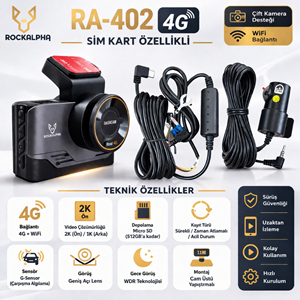ROCKALPHA RA-402 UZAKTAN İZLEMELİ SİM KARTLI 4G ÖN VE ARKA ARAÇ KAYIT KAMERASI