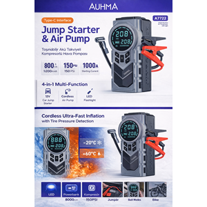 AUHMA A7722 Jump Starter & Air PumpAlt başlık:Taşınabilir Akü Takviyeli Kompresörlü Hava PompasıÖne çıkan özellikler:12000 mAh güçlü batarya1200A Jump Starter150 PSI hava kompresörüLED acil durum ışığıUSB-C hızlı şarj (45W)Powerbank özelliği