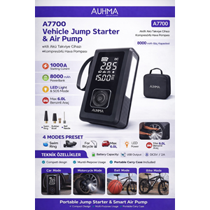 AUHMA A7700 Jump Starter & Air PumpAlt Taşınabilir Akü Takviyeli Kompresörlü Hava Pompası