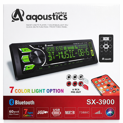 Aqoustics Sx-3900 Pioneer Kumandalı TAPE-C ve Usb 7 Renkli Oto Teyp