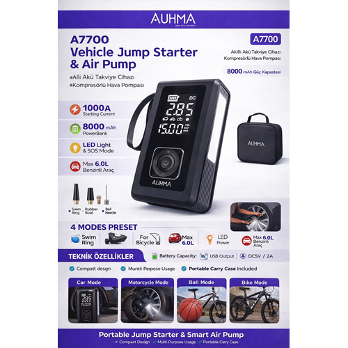 AUHMA A7700 Jump Starter & Air PumpAlt Taşınabilir Akü Takviyeli Kompresörlü Hava Pompası