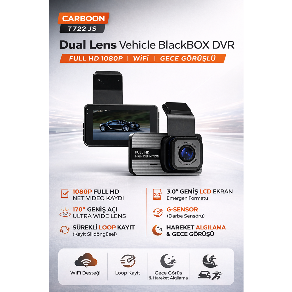 CARBOON T722 JS ARAÇ KAMERASI ÖN ARKA WİFİ (Uygun Seri)
